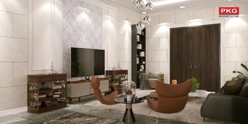 Phòng khách trang trí phào chỉ phong cách hiện đại