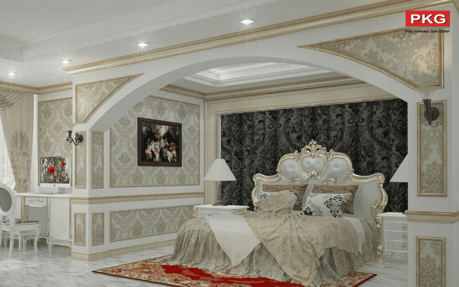 Giấy dán tường kết hợp phào chỉ trên trần nhà