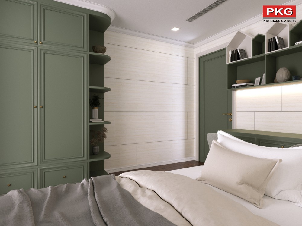 Tường trắng kết hợp phào chỉ xanh bạc hà