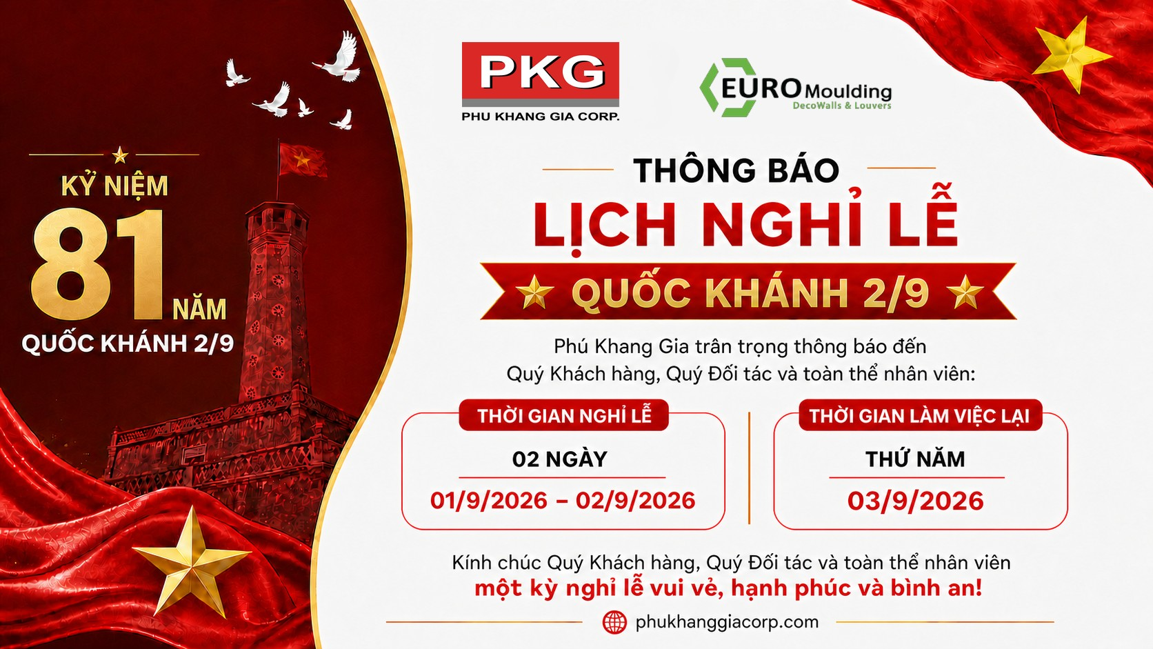 Thông báo lịch nghỉ lễ Quốc khánh 2/9/2026 của Phú Khang Gia